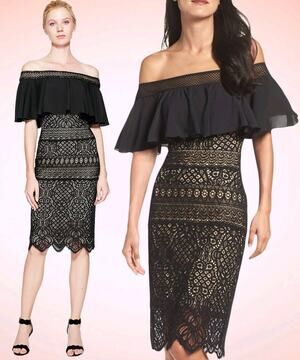 Tadashi Shoji Alexia Off Shoulder Crochet Lace Black Nude Cocktail Dress Size 10